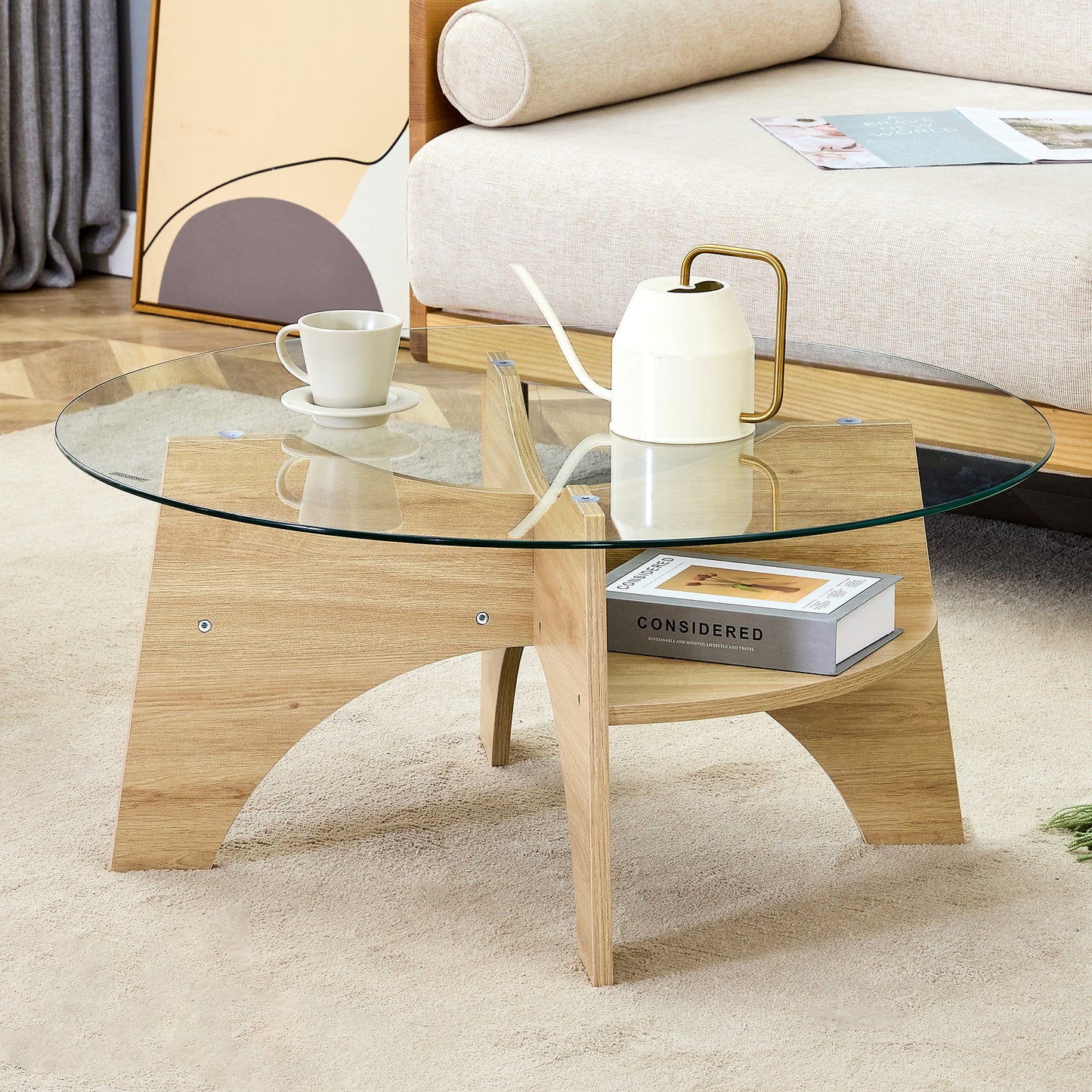 Round Glass Coffee Table – 31.5" Tempered Glass Table with Fan-Shaped Pedestal Base, Modern Living Room Table