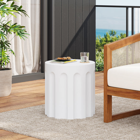 Outdoor White Concrete Side Table – Cylindrical MGO End Table with Grooved Texture, Modern Accent Table for Indoor & Outdoor Use