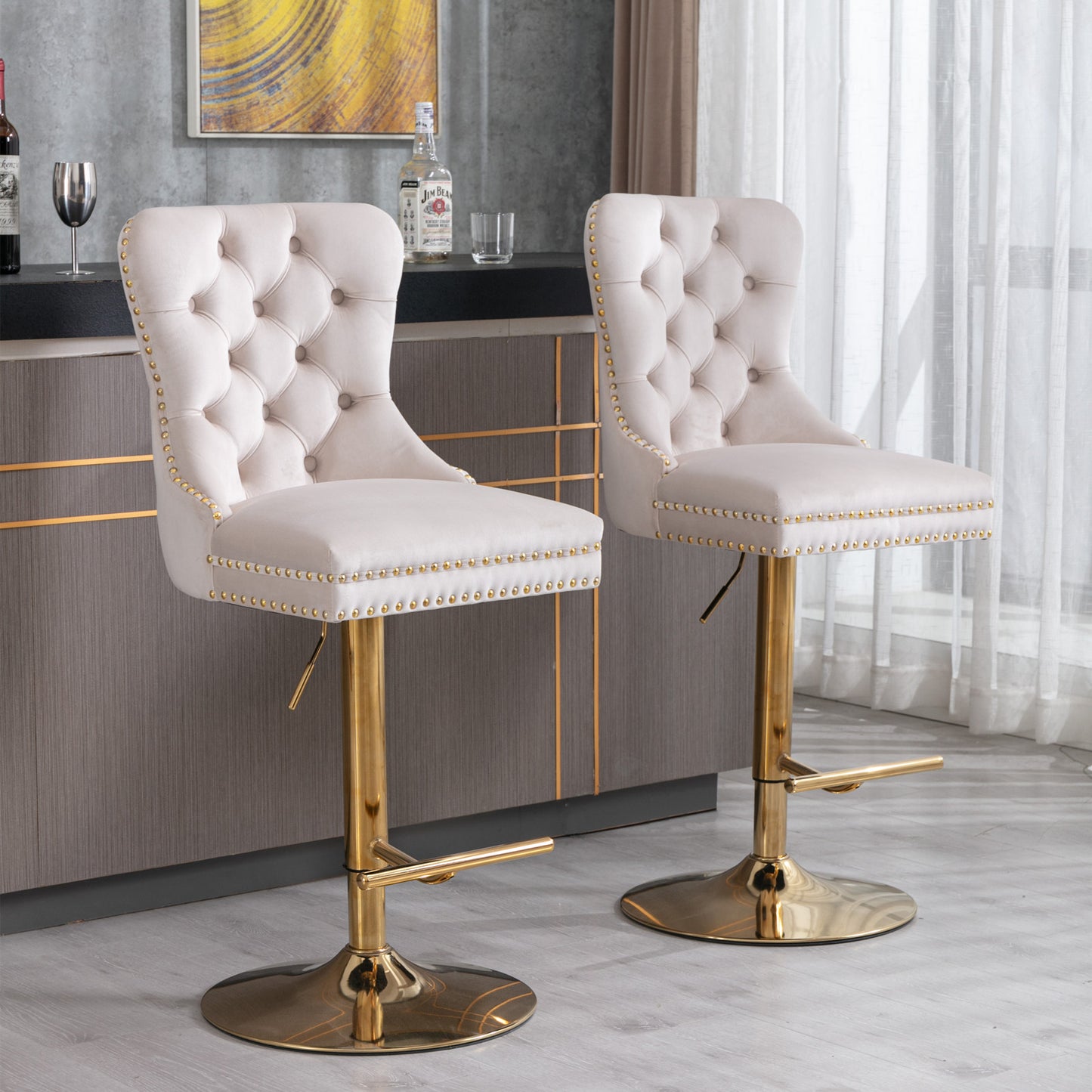 Modern Upholstered Tufted Velvet Bar Stools with Adjustable Swivel Height, Set of 2
