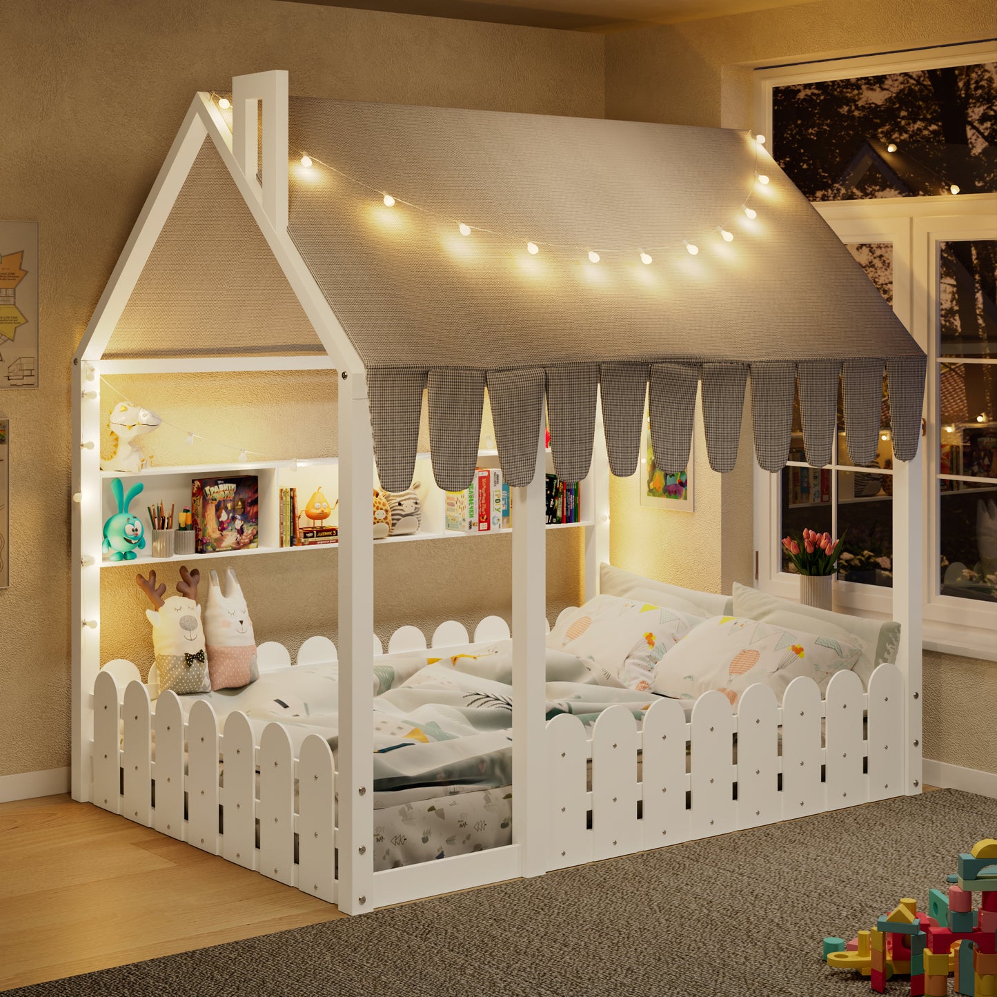 {Slats are not included} Full Size Montessori House Bed for Kids, Floor Bed with Fence Railings, Tent, Lights & 3 Storag