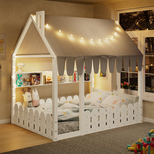 House Bed Frame, Full Size, Solid Wood with LED/Light Feature, Guardrails, and Floor Bed Design for Bedroom or Guest Room