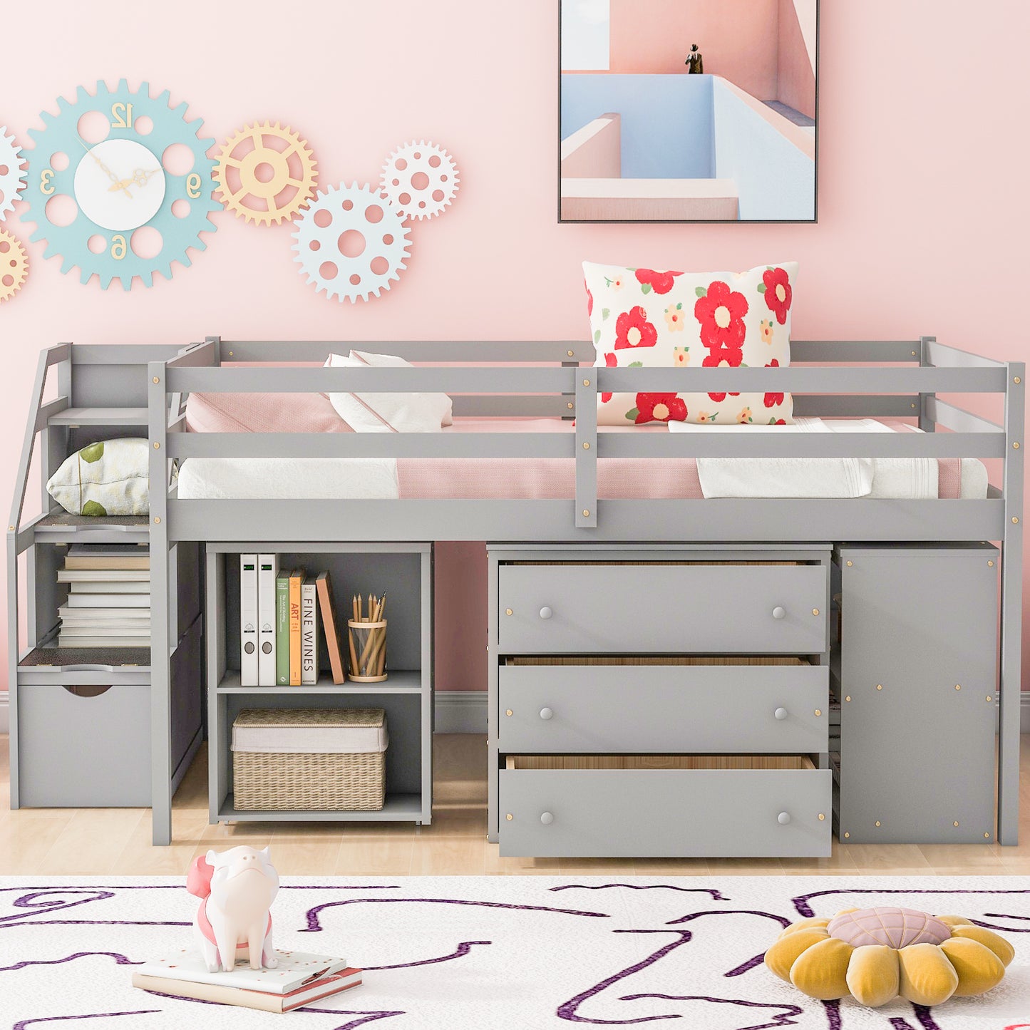 Full Size Wooden Loft Bed with Retractable Writing Desk, 3 Drawers, Storage Stairs and Shel