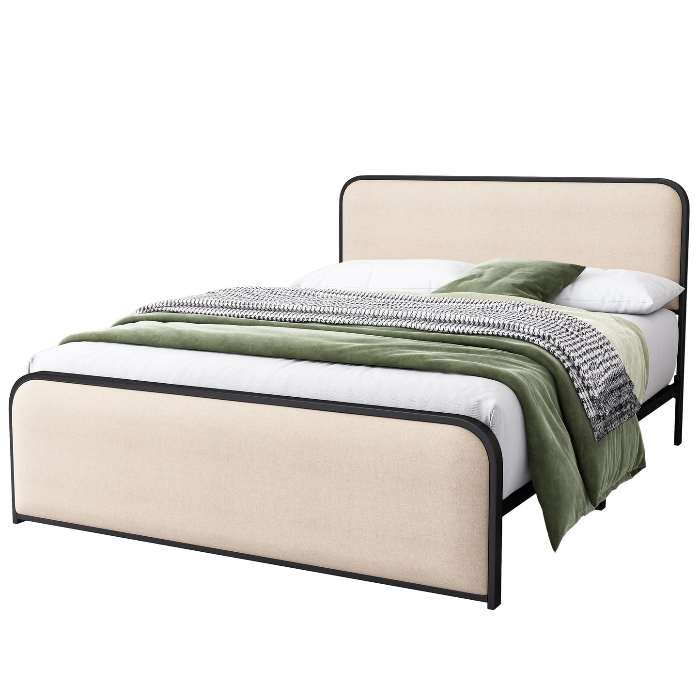 Modern Metal Bed Frame with Curved Upholstered Headboard and Footboard, Under Bed Storage, Heavy Duty Metal Slats