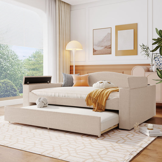 Daybed Full Fleece Beige with Trundle and Storage for Bedroom or Guest Room