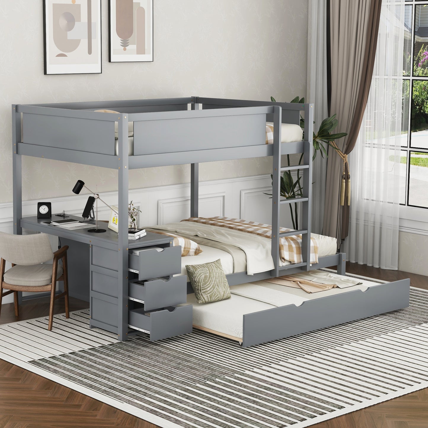 Full-Over-Full Bunk Bed with Twin size Trundle, Storage and Desk