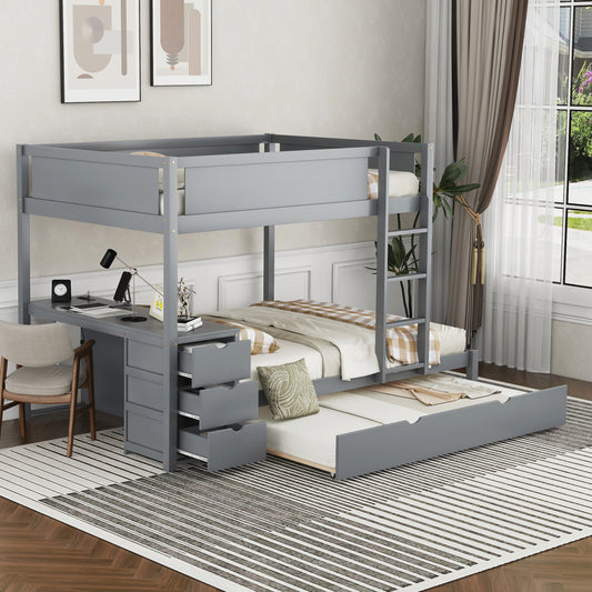 Bunk Bed Full Gray, White, and White+Walnut Solid Wood with Trundle and Storage for Bedroom and Guest Room