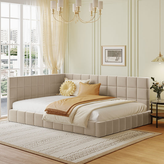 Daybed Full Beige Upholstered with Storage for Bedroom and Guest Room