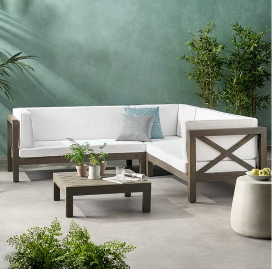 X-Back 4-Piece Outdoor Sectional Sofa Set – Acacia Wood Patio Conversation Set with Water-Resistant White Cushions & Coffee Table