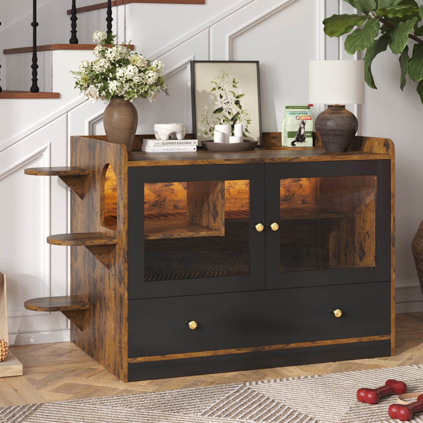 Hidden Cat Litter Box Enclosure with Drawer & Stairs – Wooden Cat Furniture House for Modern Homes