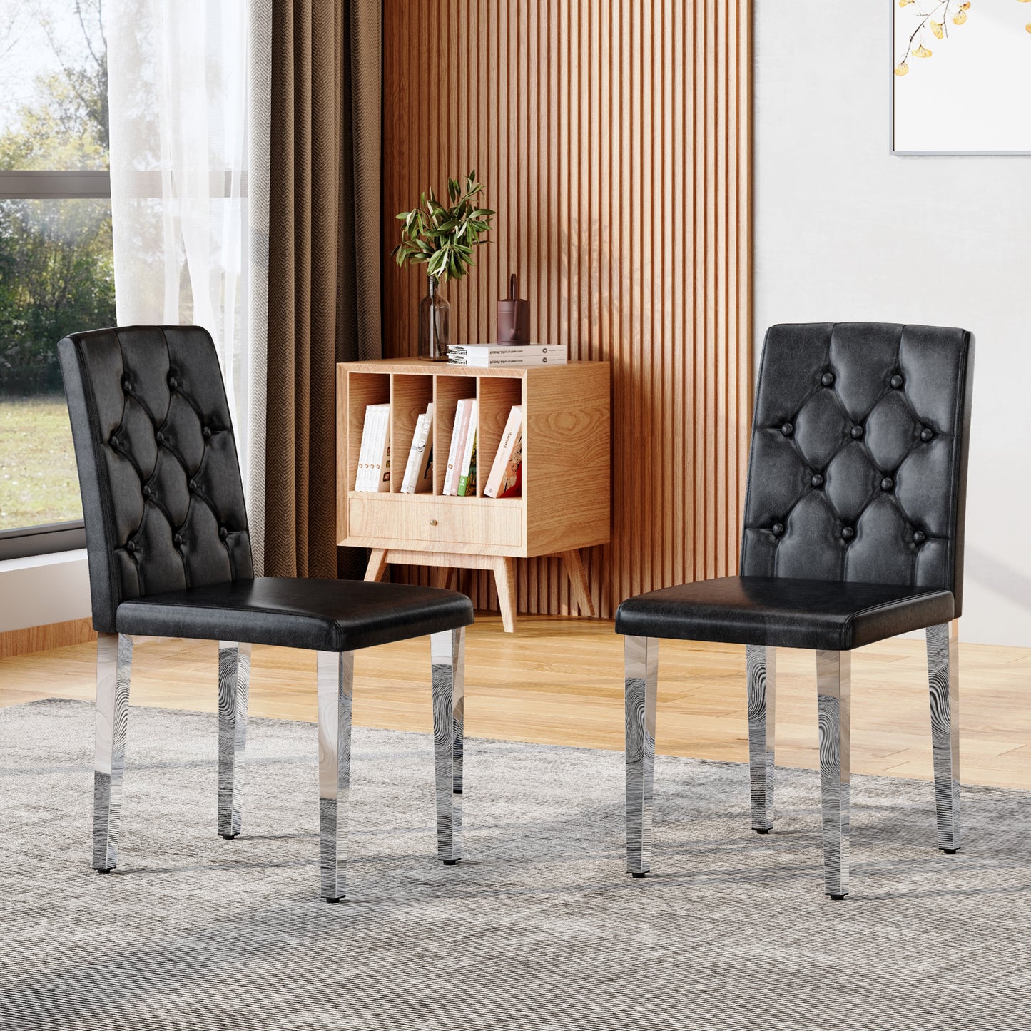 PU Leather Dining Chair – Ergonomic Buckle Backrest Chair with Metal Legs, 35" Upholstered Dining Seating