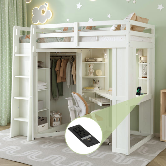 Loft Bed, Twin Size, Wood with Wardrobe Storage and Built-In Desk for Bedroom or Study Space