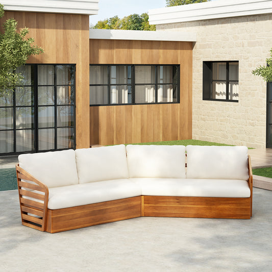Acacia Wood Outdoor V-Shaped Sectional Sofa Set – Teak Finish Patio Lounge Seating with Water-Repellent Beige Cushions for Garden, Poolside & Deck