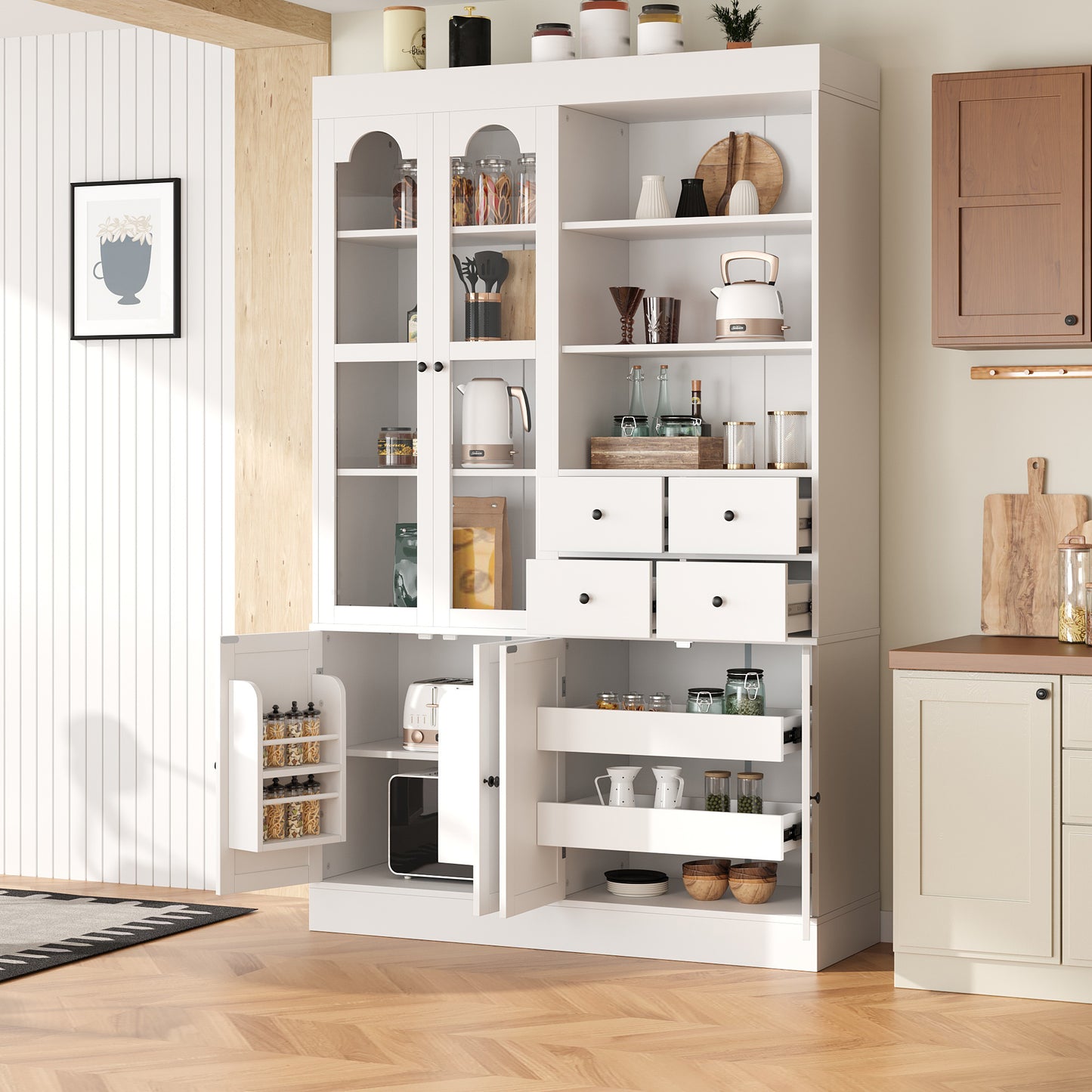 47.2x15.7x75inch Freestanding Buffet with Hutch, Tall Kitchen Pantry Cabinet with 4 Drawers, Door Shelves and Pull-out T