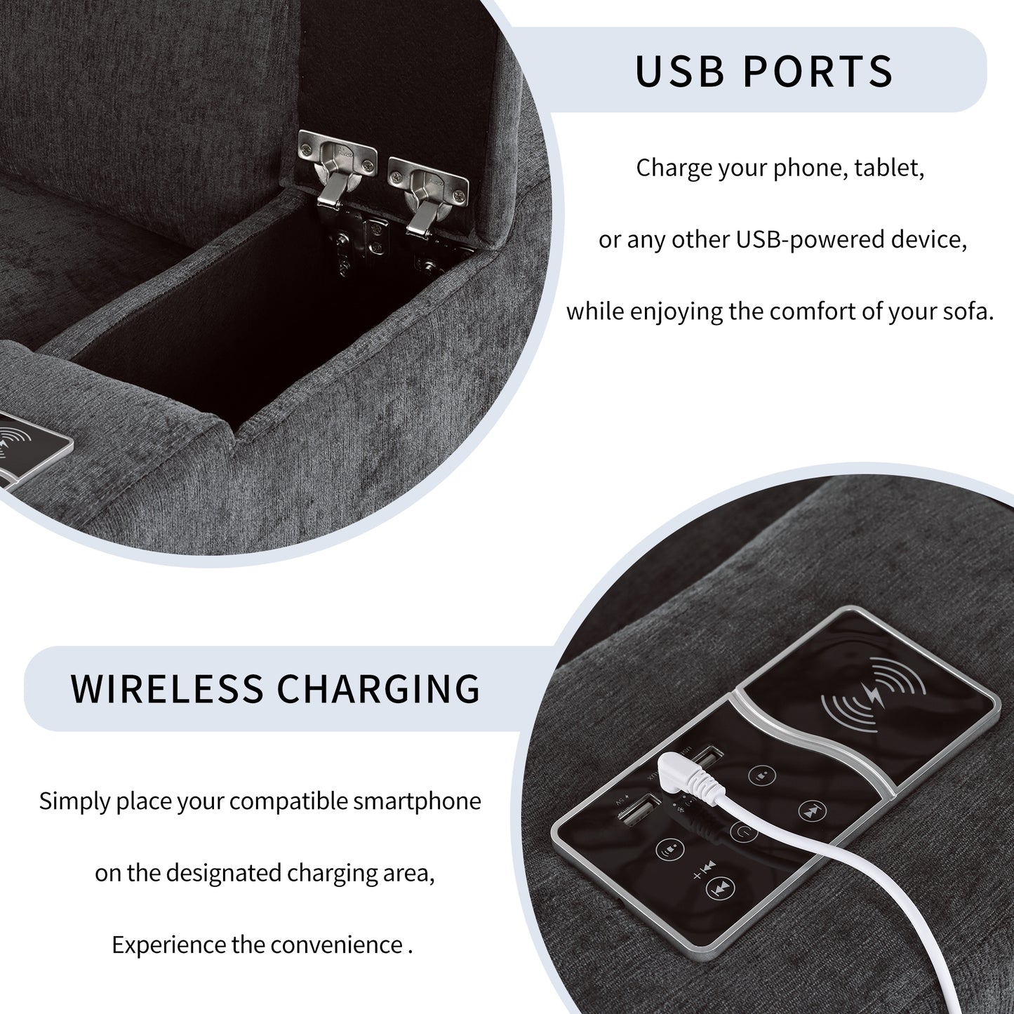 Upholstered Modular Sofa with  with Storage Space, USB Charge Ports,Wireless Charging and Built-in Bluetooth Speaker in Arm,Sectional sofa for Living Room Apartment.[old sku:WY000317AAE]