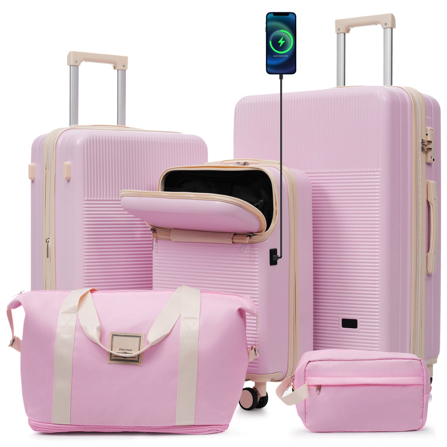 Luggage Sets 5 Piece with Half-opening, Hardside Suitcase Set, Double Spinner