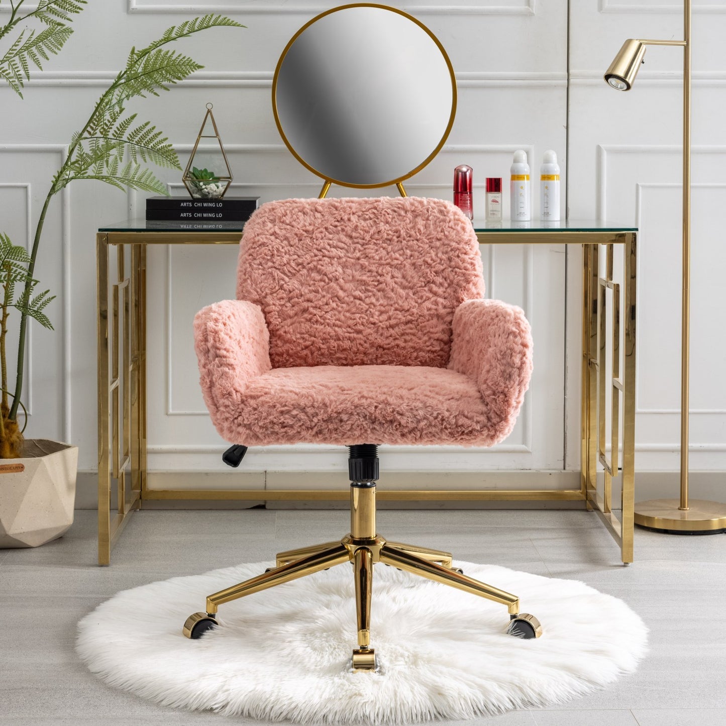 Artificial Rabbit Hair Home Office Chair with Golden Metal Base, Adjustable Swivel Vanity Chair