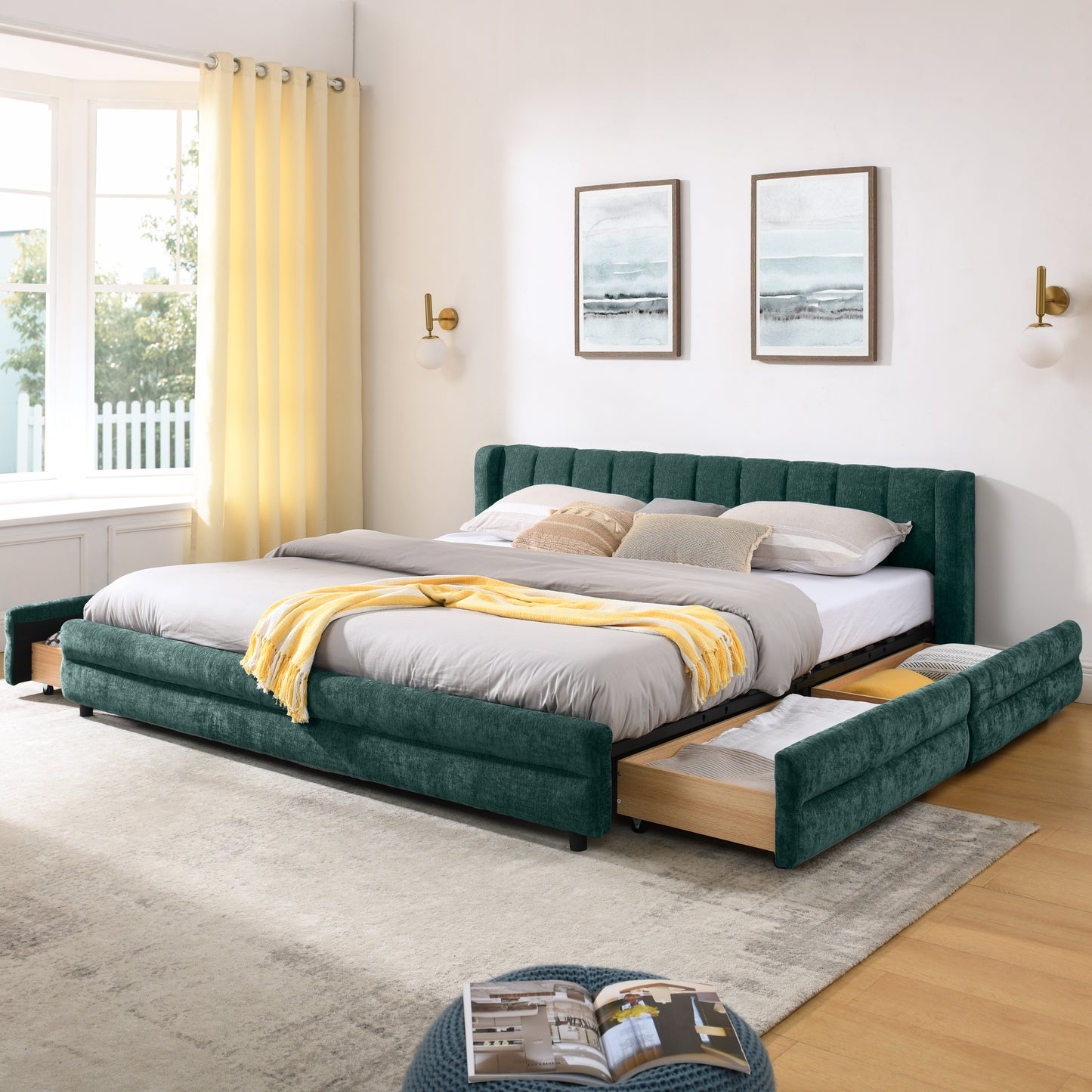 King Size Upholstered Bed Frame with Thick Chenille Fabric, Headboard and Storage Drawer