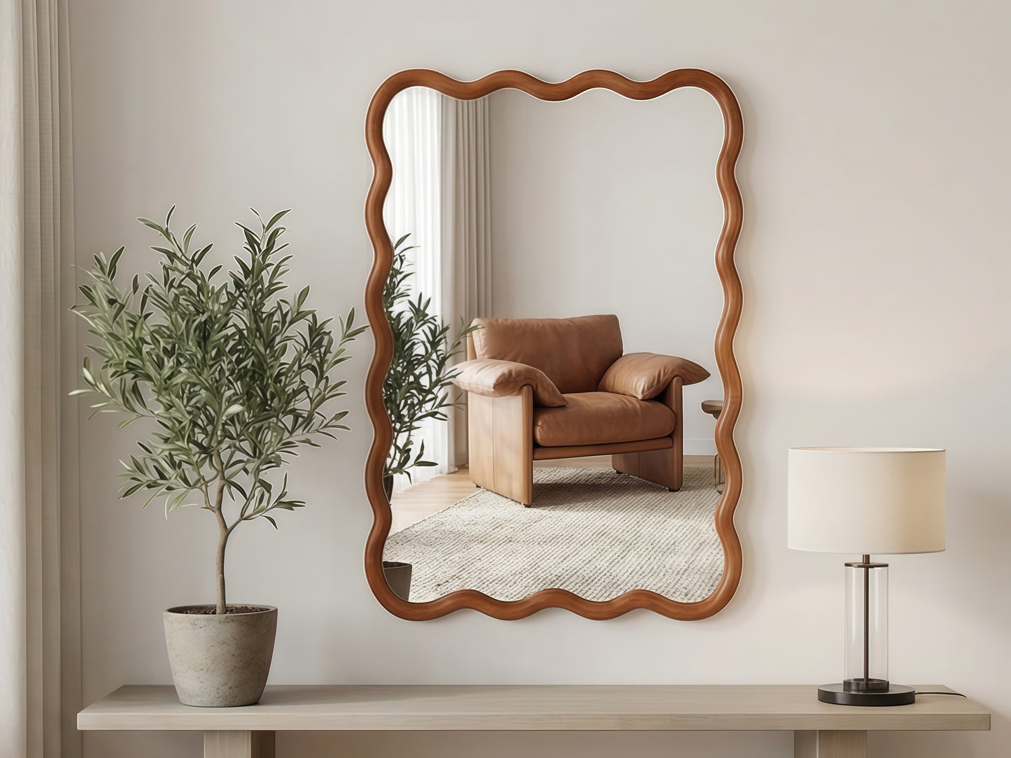 Wavy Solid Wood Wall Mirror – 20" x 30" Decorative Curved Frame Mirror for Bathroom, Bedroom & Entryway