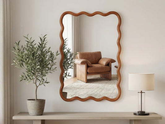Wavy Solid Wood Wall Mirror with Curved Rectangle Frame for Bathroom, Bedroom, or Entryway