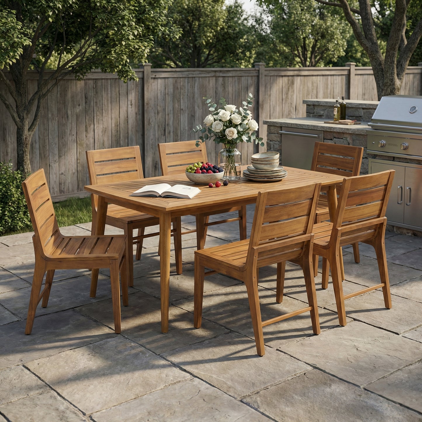 7-Piece Acacia Wood Outdoor Dining Set – 71" Teak Finish Patio Table with 6 Ergonomic Slatted Back Chairs for Garden & Backyard