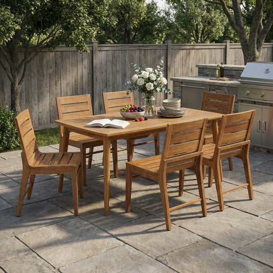 7-Piece Acacia Wood Outdoor Dining Set – 71" Teak Finish Patio Table with 6 Ergonomic Slatted Back Chairs for Garden & Backyard
