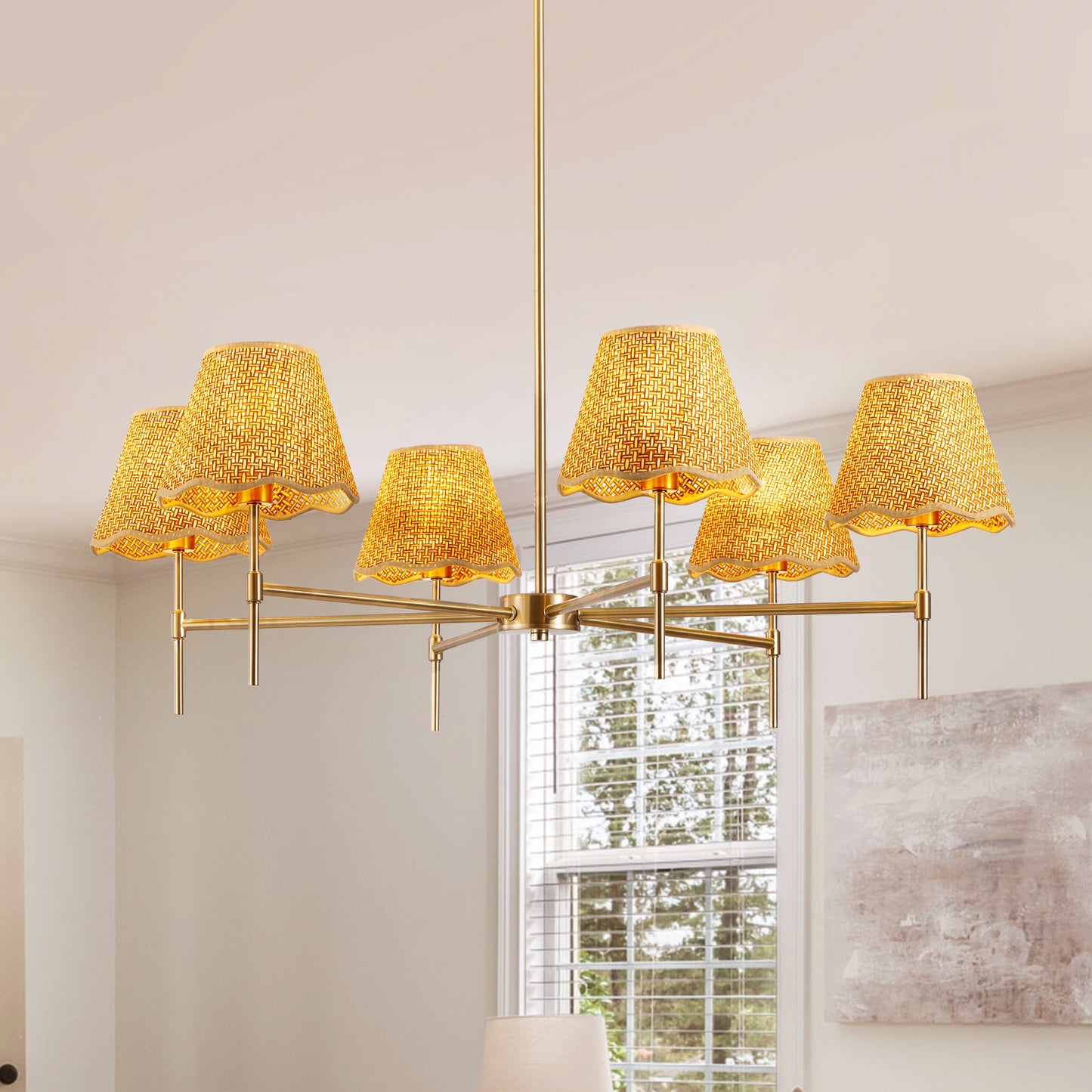 Boho Rattan Chandelier Rustic Farmhouse Pendant Light Fixture with Adjustable Height,