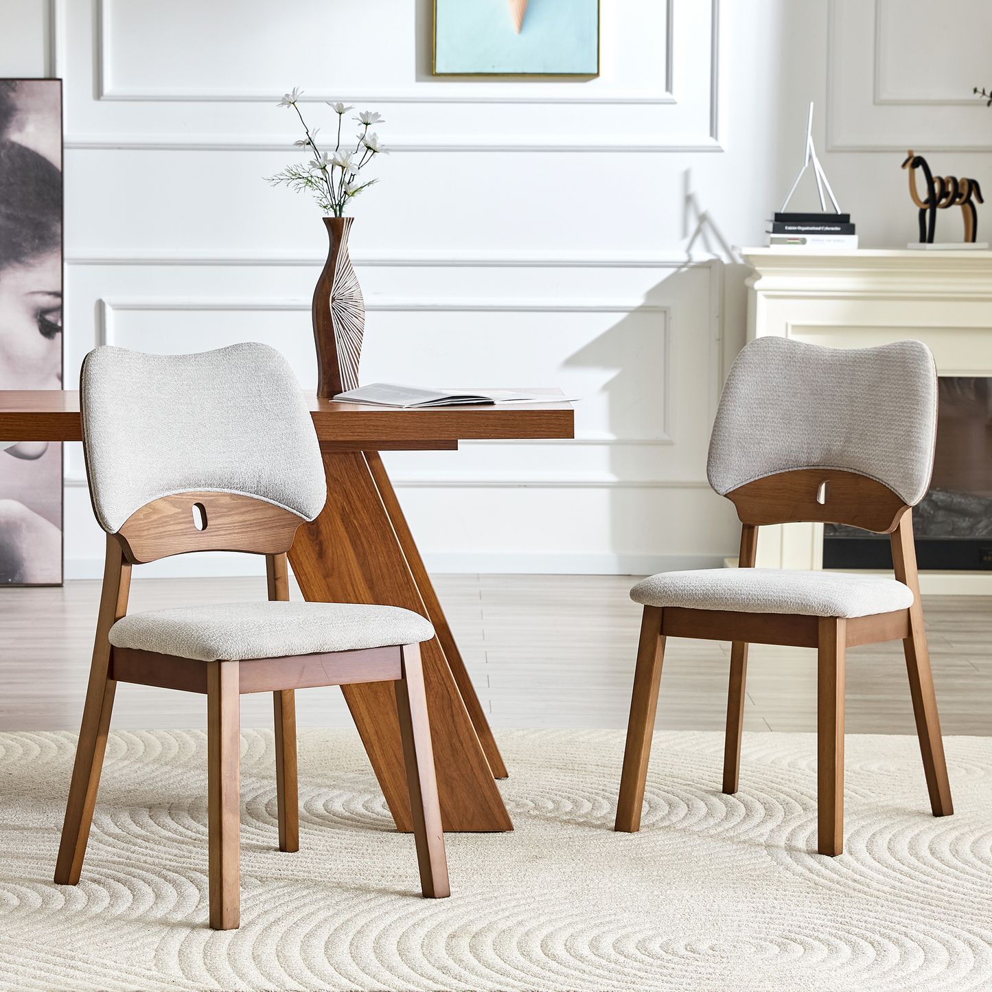 Set of 2 Walnut Solid Wood Dining Chairs with Upholstered Backrest and Seat Cushion