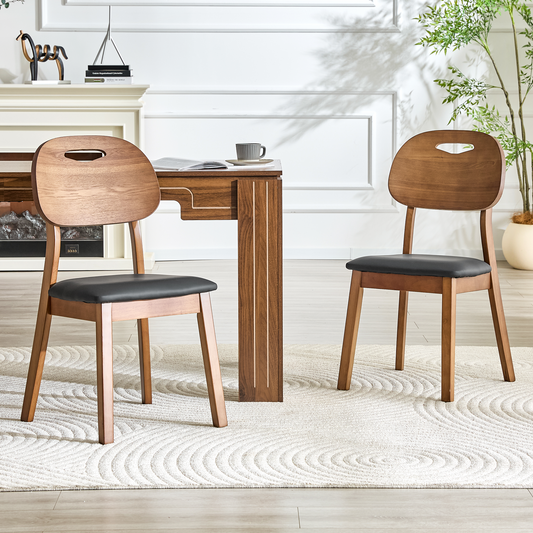 Solid Wood Dining Chairs Set of 2, Walnut Finish Upholstered Seat, Hollow Backrest Kitchen Chairs for Dining Room, Cafe & Living Space