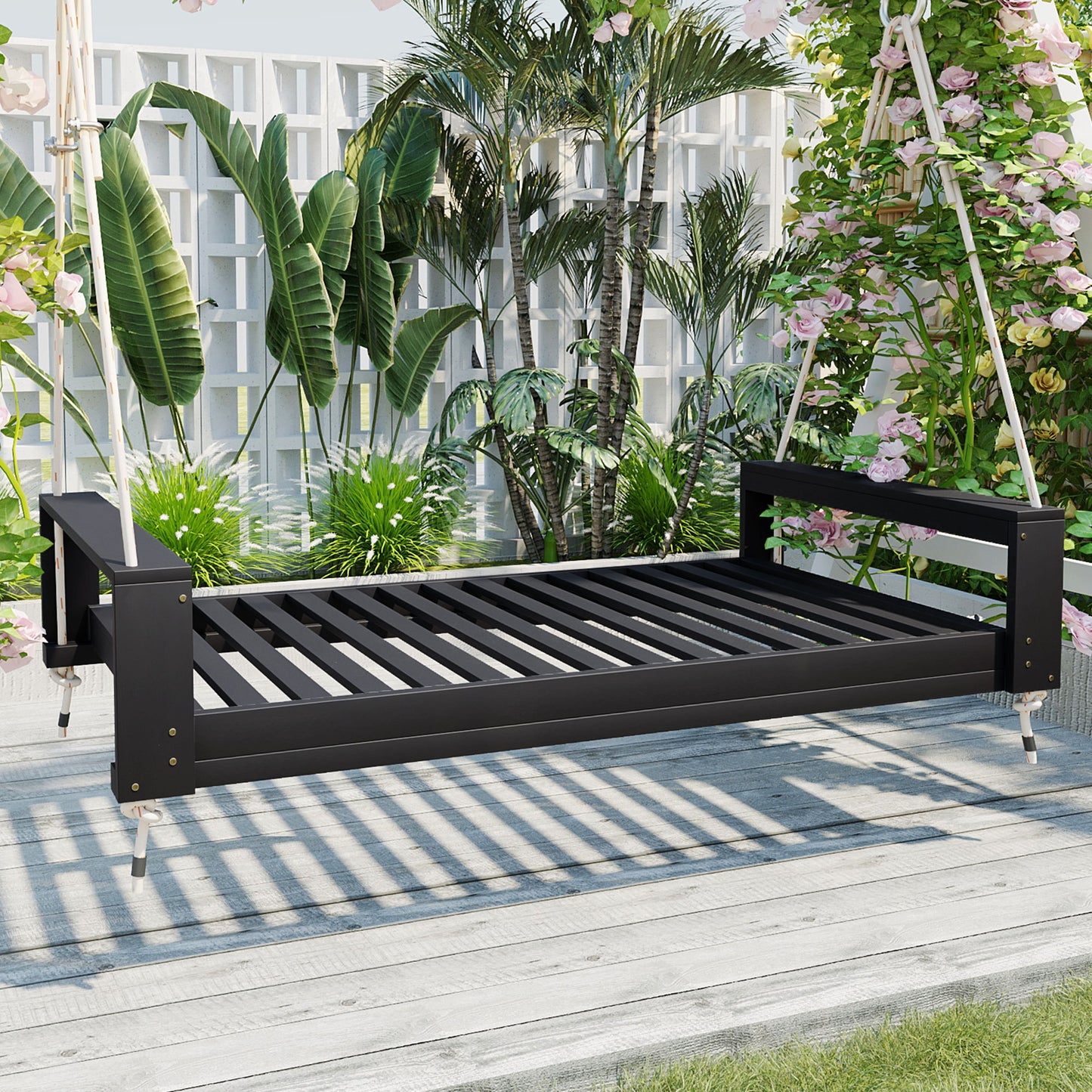 Twin Size Porch Swing Bed Seating Group, Patio Acacia Wood Swing Frame with Hemp Ropes for