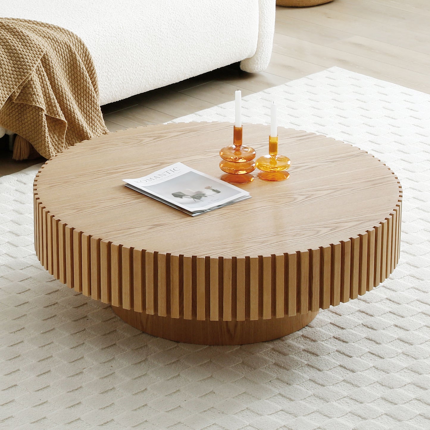 31.49'' Round Wood Coffee Table for Living Room, Modern Handcraft Drum Coffee Table, Circle Wooden Coffee Table for Small Space Apartment ASH.