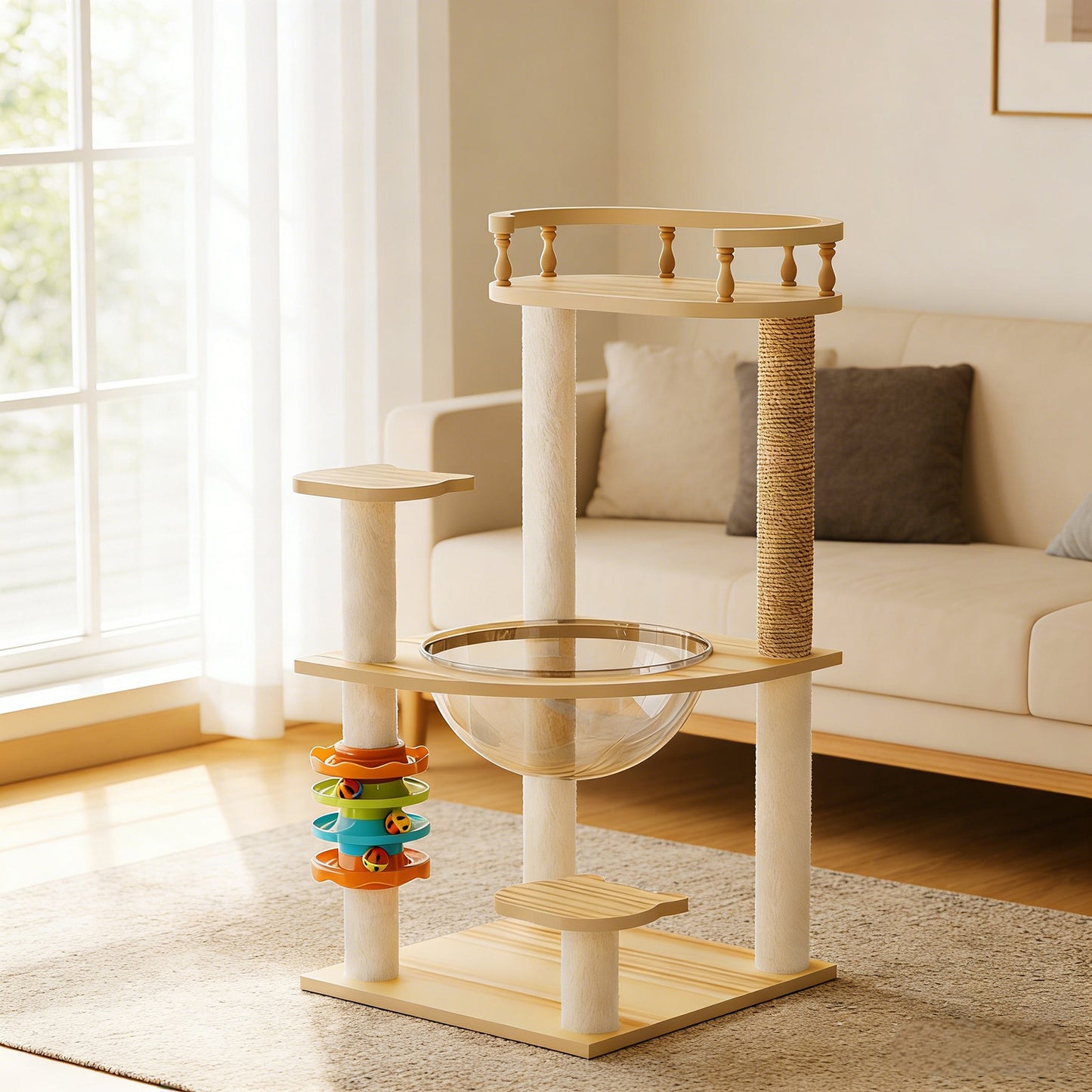 32.2" Modern Wood Cat Tree Tower with Sisal Scratching Posts – Indoor Cat Condo with Acrylic Hammock and Top Perch