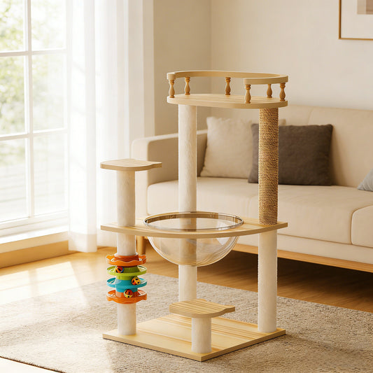 32.2" Modern Wood Cat Tree Tower with Sisal Scratching Posts – Indoor Cat Condo with Acrylic Hammock and Top Perch
