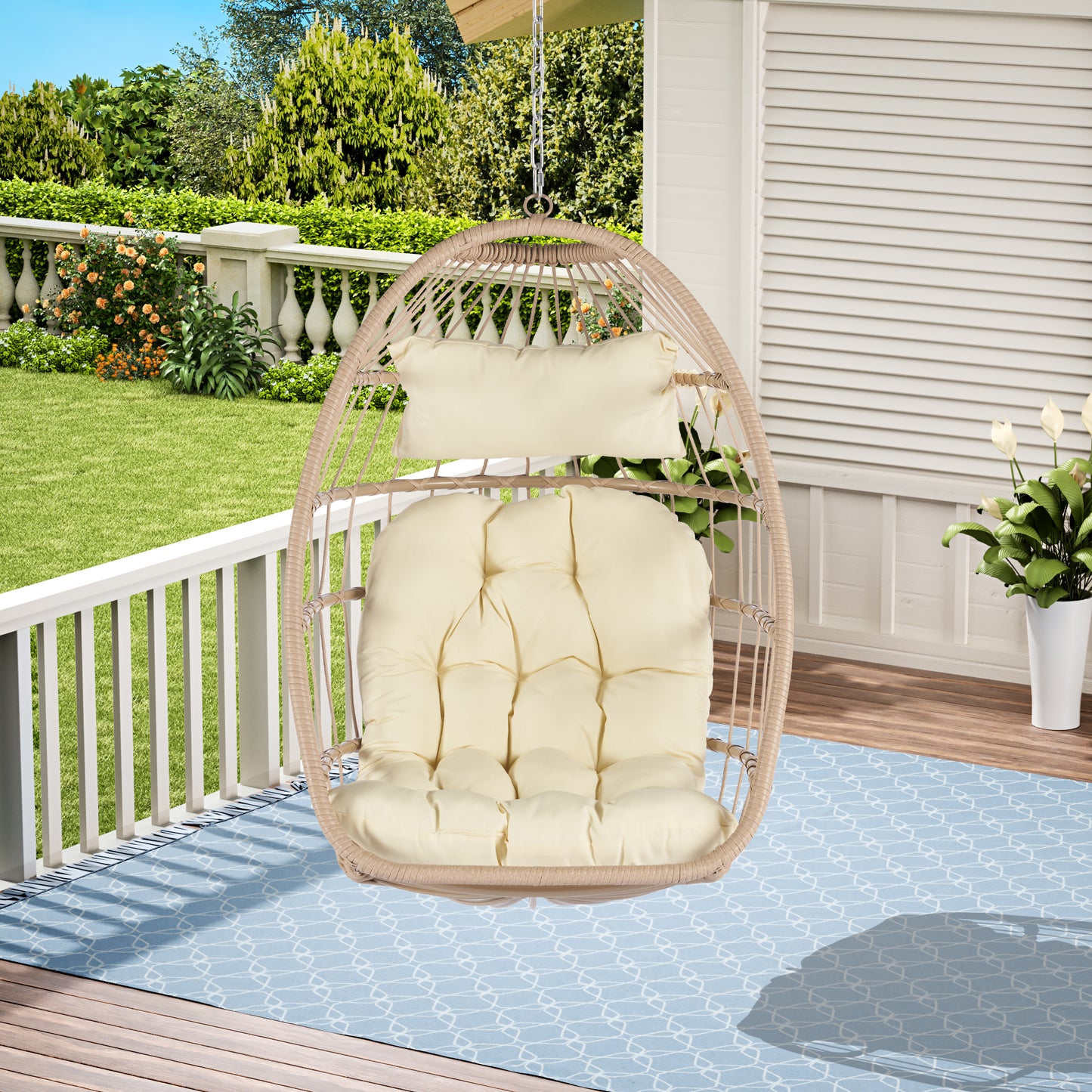 Outdoor Rattan Egg Swing Chair,  Hanging Patio Egg Chair for Garden & Balcony, PE Wicker Hanging Chair with Steel Frame