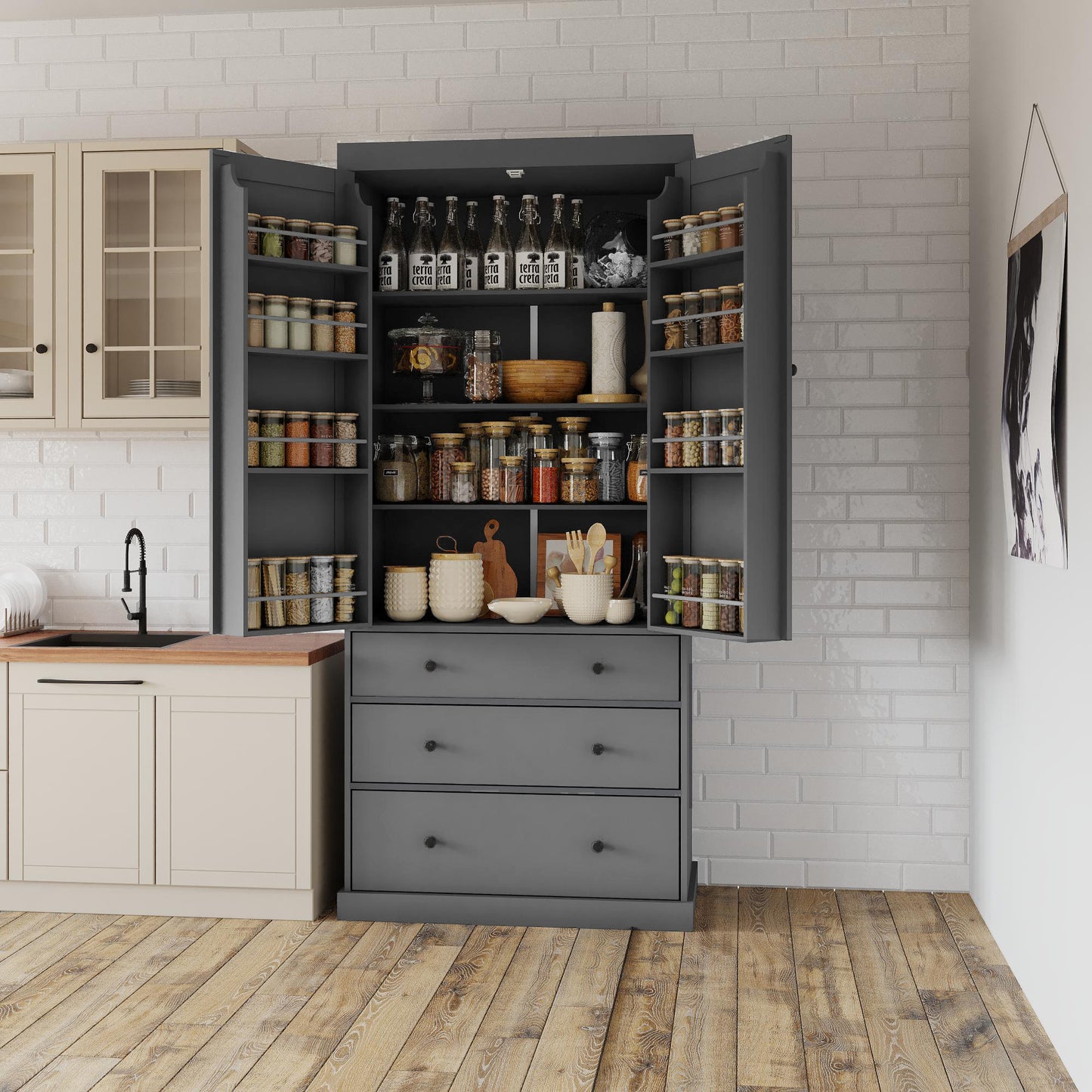 77inch Farmhouse Kitchen Pantry, Freestanding Tall Cupboard Storage Cabinet with 3 Adjustable Shelves, 8 Door Shelves, 3