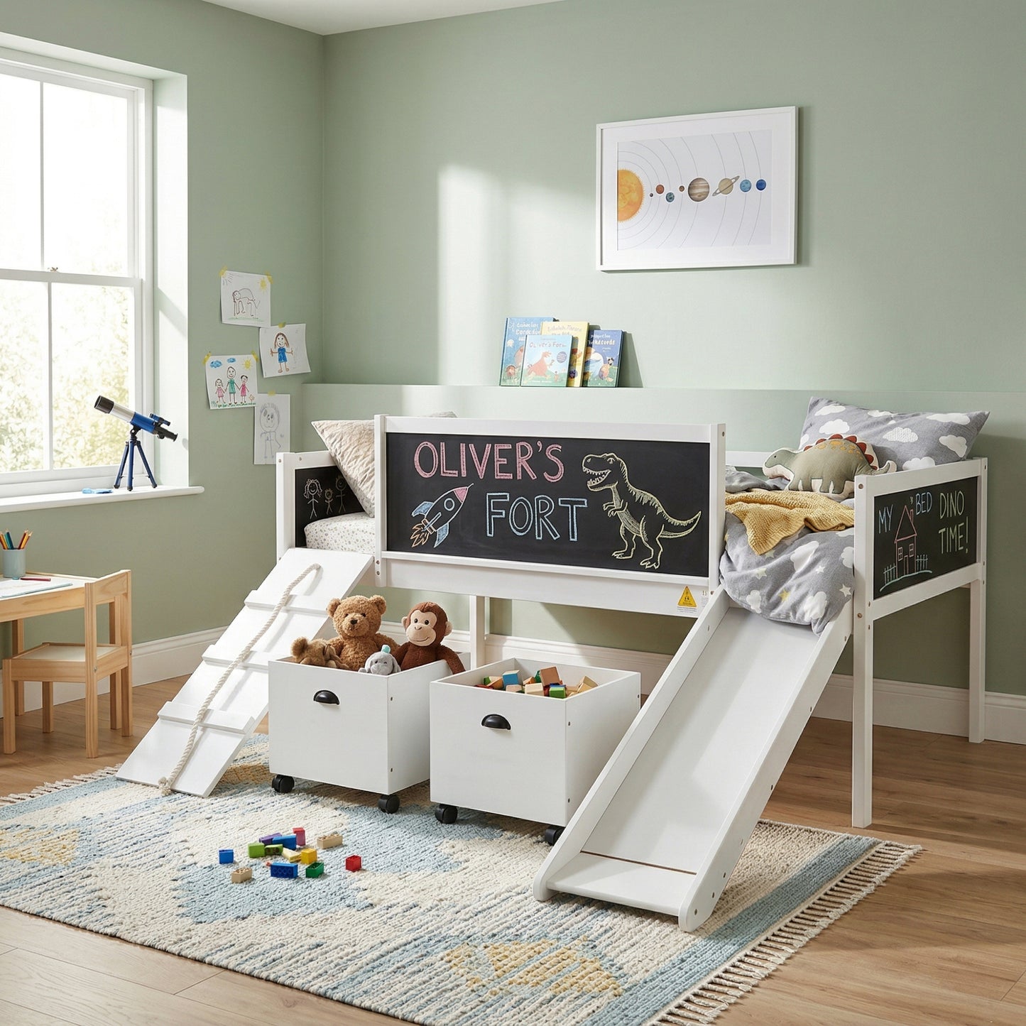 Twin Size Wood Loft Bed with Two Storage Boxes