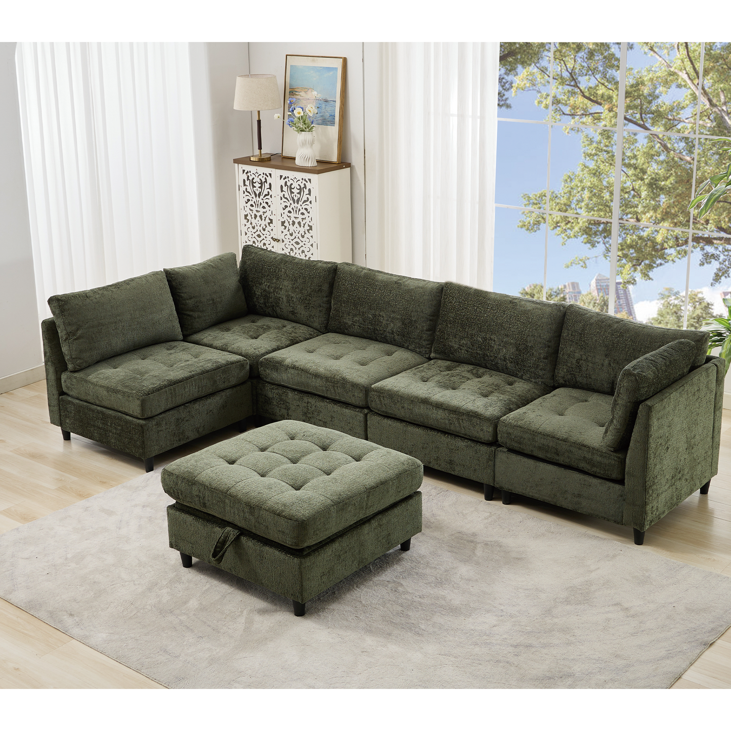 Modular Sectional Couch with Storage Ottoman, U Shaped Sofa, Storage Ottoman,Minimalist ,Convertible Modular Sofa,Chenille ,Upholstered,6 Seat,Living Room,   Green