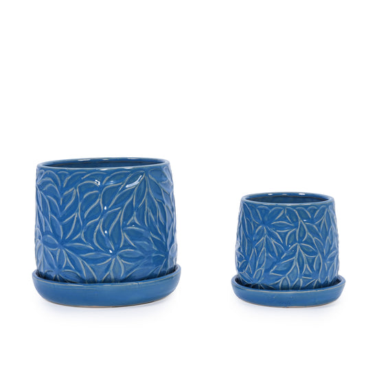Handmade Ceramic Planter Set of 2 with Saucers, Indoor/Outdoor Breathable Clay