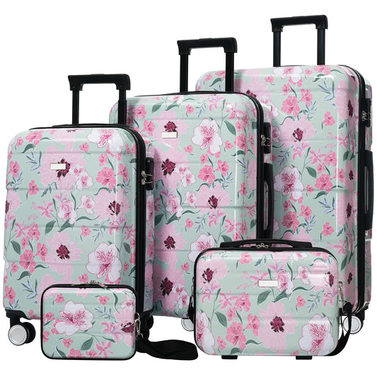 Luggage Set Green & Pink Flower PC for travel organization