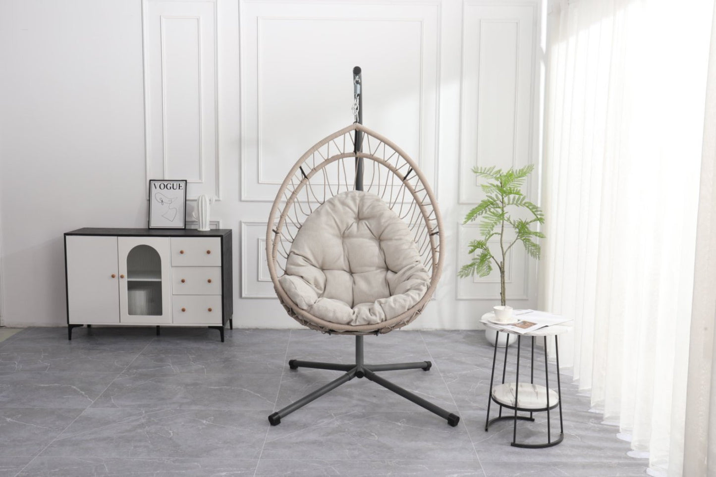 Outdoor Egg-shaped Hanging Chair with Stand, Patio Wicker Swing Chair, Indoor Rocking Chair,