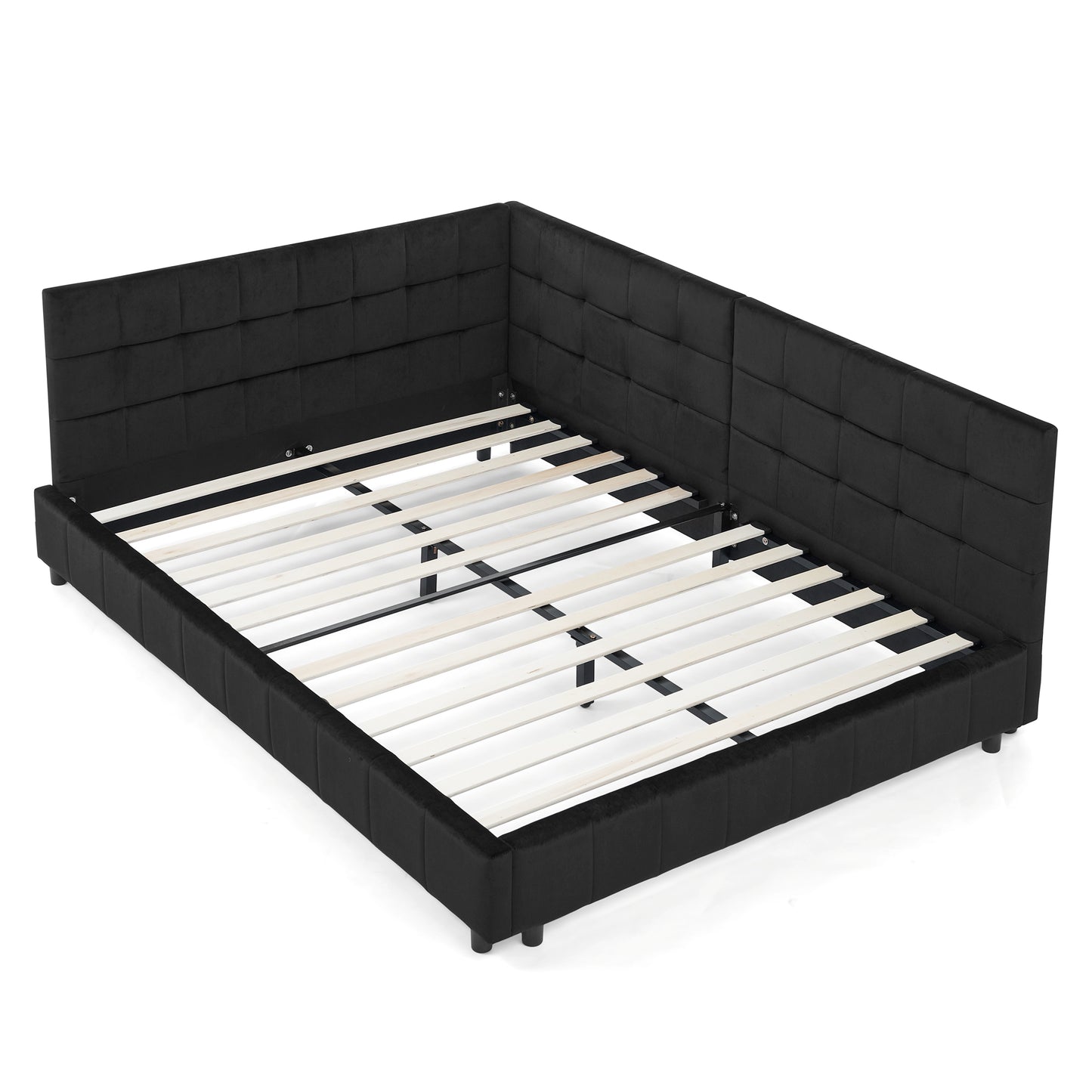 Mid-Century Upholstered Tufted Bed Frame with Backrest and Armrests, Velvet