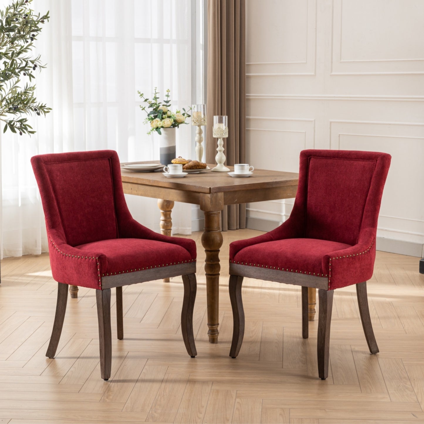 Ultra Side Dining Chair, Thickened Fabric with Solid Wood Legs and Bronze Nail Head, Set of