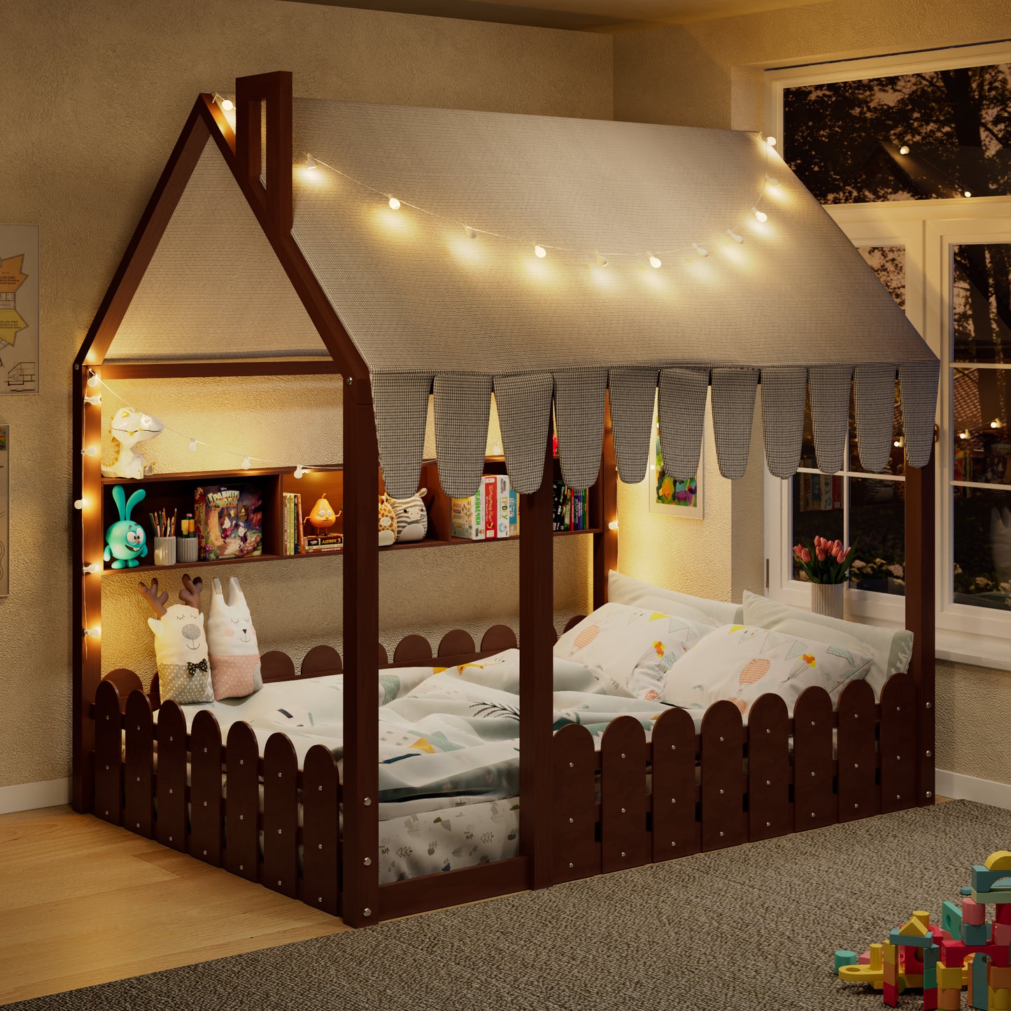 {Slats are not included} Full Size Montessori House Bed for Kids, Floor Bed with Fence Railings, Tent, Lights & 3 Storag