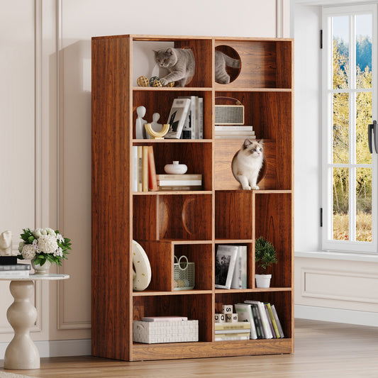 Modern 2-in-1 Wooden Cat House Bookshelf – Cat Tree Display Cabinet with Storage & Litter Box Enclosure