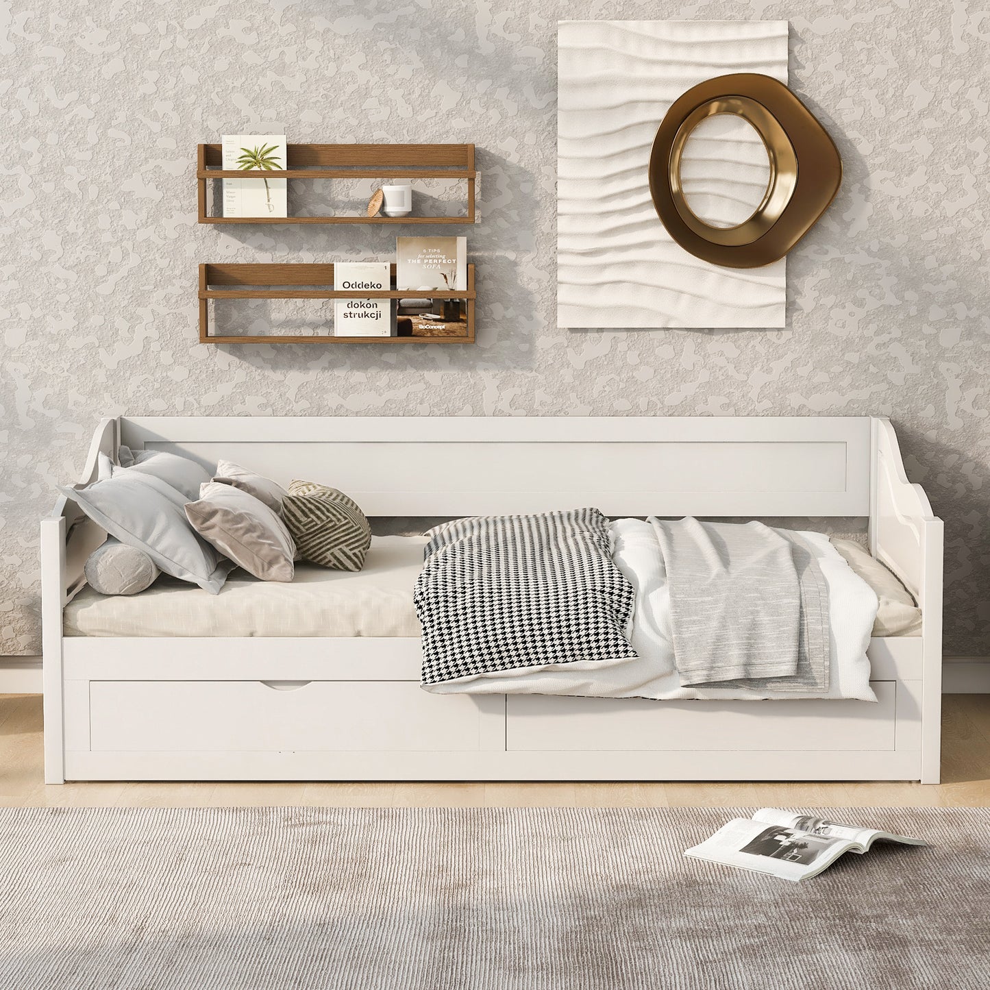 Wooden Daybed with Trundle Bed and Two Storage Drawers, Extendable Sofa Bed