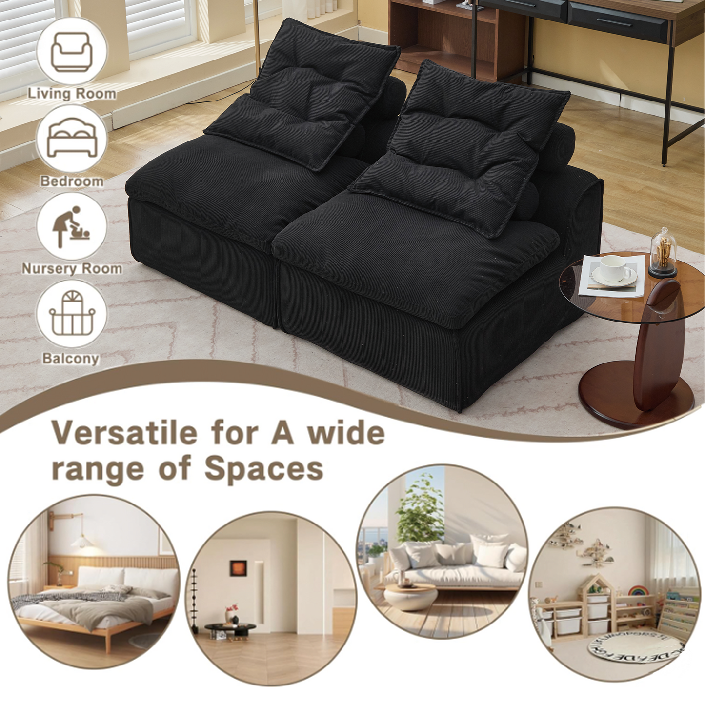 Modular Sofa,No Armrests,At will DIY,Soft Corduroy Fabric,Neck Pillow-Back Lounge Sofa Chair,Reading Nook, or Apartment Living, Lumbar Pillow,2 Seats,Upholstered,Black