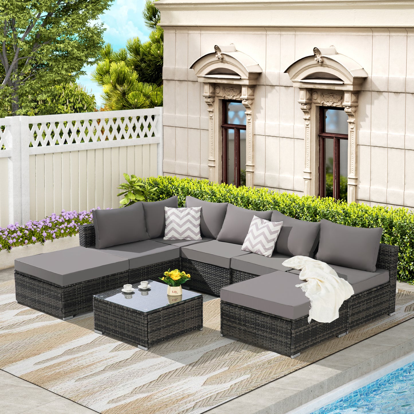 8 Piece Outdoor Patio Sectional Sofa Set – Wicker Conversation Set with Washable Cushions, Modular Rattan Furniture