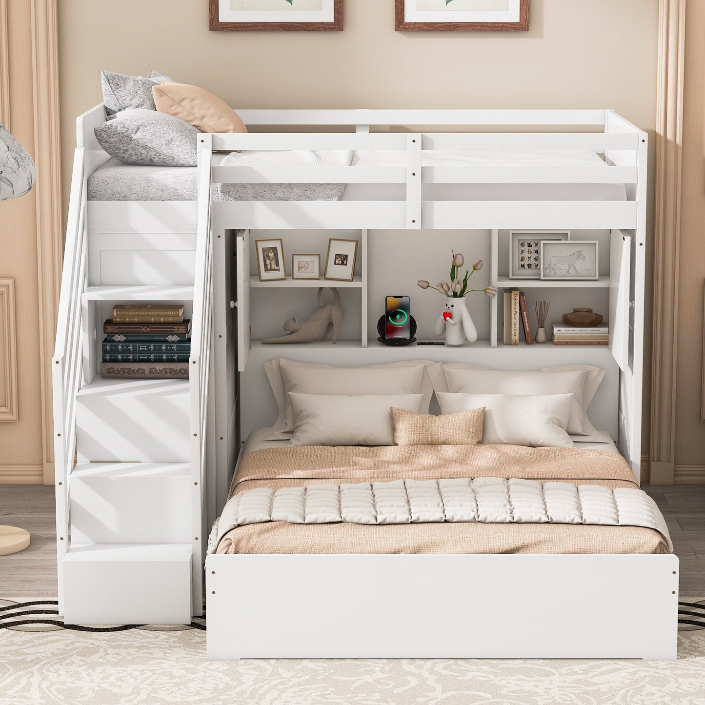 Twin over Full Bunk Bed with Storage Stairs, Wardrobe,USB and Ligh