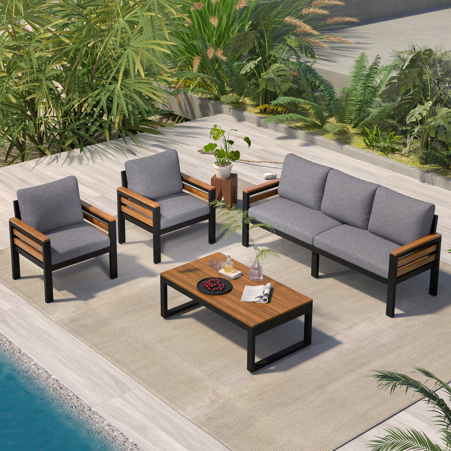 4-Piece Outdoor Furniture Sofa Set for 5 People with Acacia Wood Armrests, Patio Conversation Set with Removable Cushion