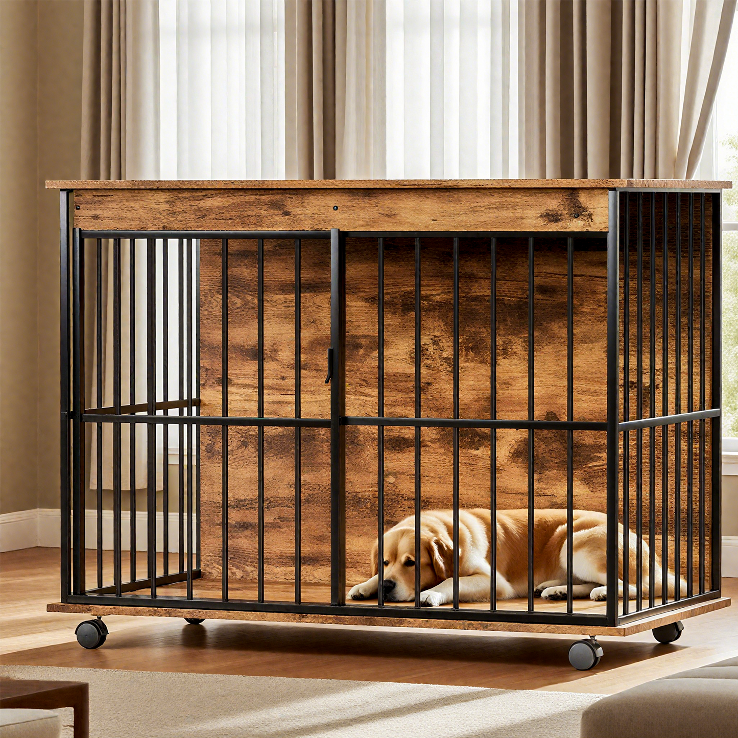 Large Wooden Dog Crate Furniture with Tray , Indoor Pet Kennel Side Table for Medium & Large Dogs