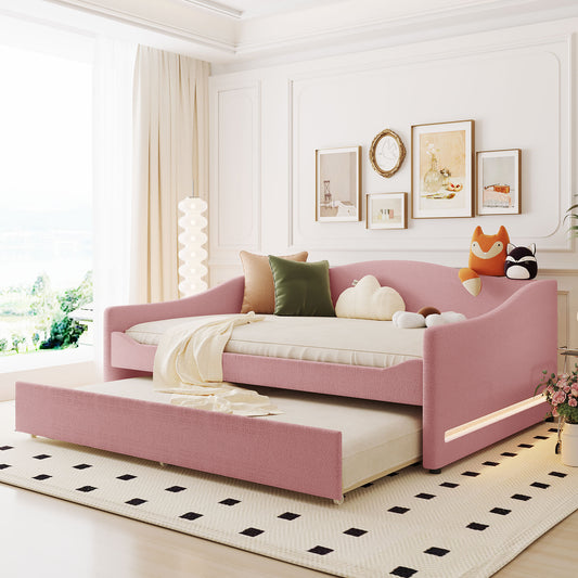 Daybed Full Pink, Beige, and Gray Fleece Upholstered with Trundle and LED Lighting for Bedroom and Guest Room